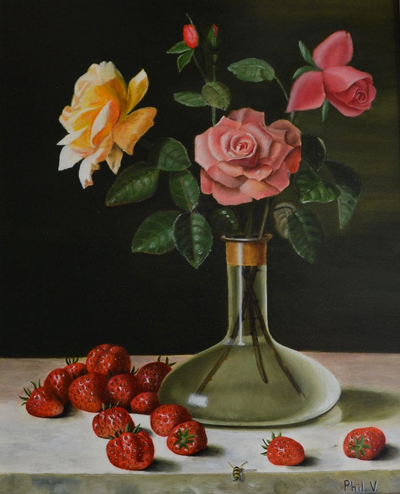 Peinture de nature morte de roses et de fraises