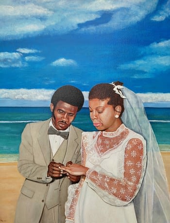 Peinture du mariage d'un couple à la plage